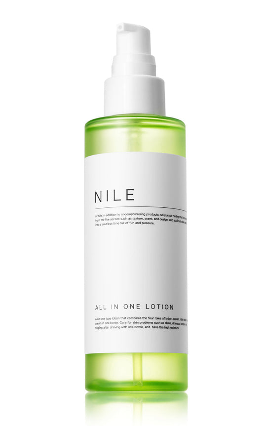 NILE all-in-one lotion bottle on a white background